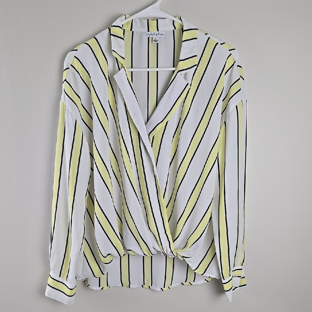 Ophelia Roe Striped Wrap Front Blouse Shirt Yellow‎ Black White Size S